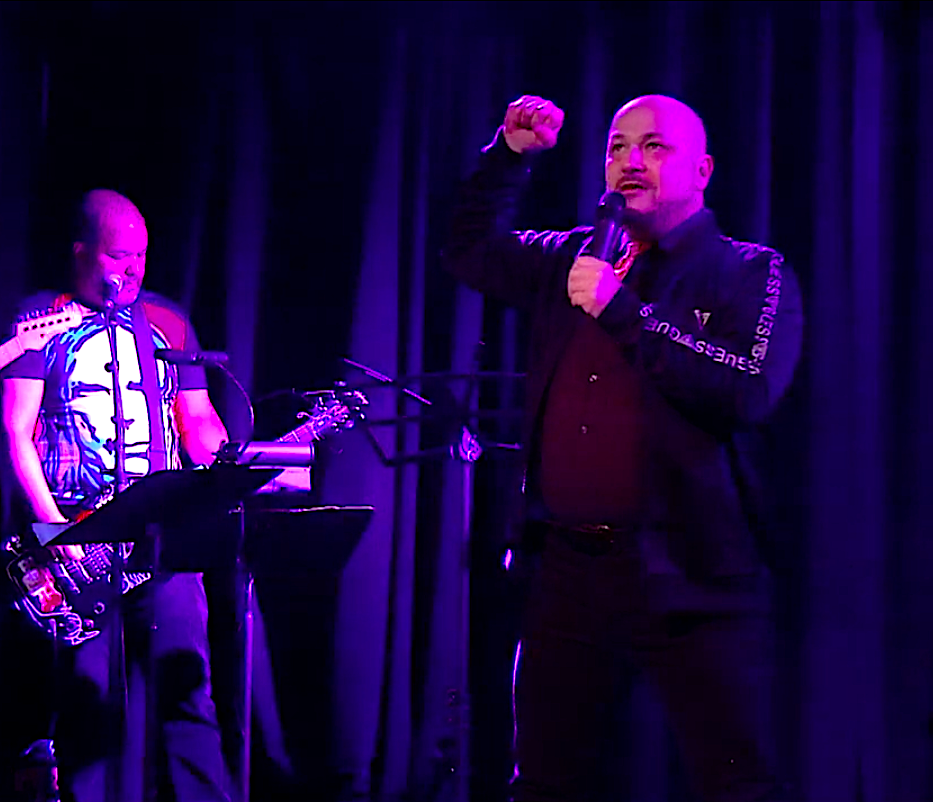 Musician Eddie Star and Writer, Director, and Actor Philip Paul Kelly on stage during the "Elevated Staged Reading" of "Rockquiem For A Wrestler" at the Triad Theater in New York City - June 2020